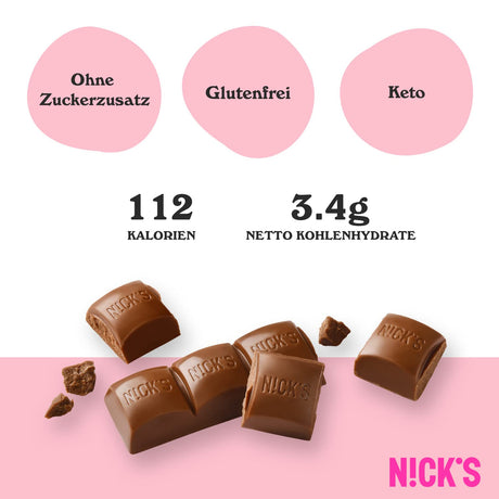 Nicks Barras de ceto de chocolate con leche sin azúcar agregada, 112 kcal, 3.4 g de carbohidratos netos, dulces bajos en carbohidratos, barra de bocadillos sin gluten (15x25 g)