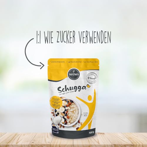 borchers Schugga 700 g | Intet sukker, bare sødt | XXL taske | Erythritol med sucralose krystallinsk sødemiddel | Sukker alternativ | Sødemiddel | Kaloriefri | 0,7 kg