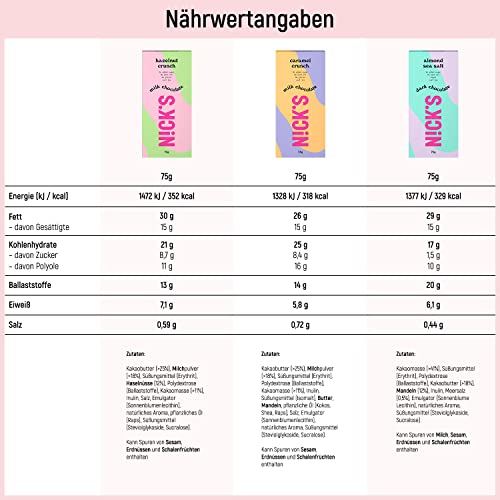 Nicks Chocolate Bars Mix uten tilsatt sukker, glutenfri, lavkarbo, ingen palmeolje, keto sjokolade (3x75g)