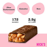 Nicks Keto Bar Peanuts N Fudge, snack al caramello di cioccolato, 175 calorie, 3,9 carboidrati netti, senza zucchero aggiunto, senza glutine, dolci a basso contenuto di carboidrati (15x40g)