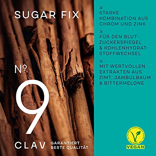 CLAV® N°9 SUGAR FIX - Kanelkapsler med 400mg kanelekstrakt, 40μg krom og 10mg sink per daglig dose pluss betaglukan, jambultre og bitter melon - blodsukkerbalanse - 60 kapsler - vegansk