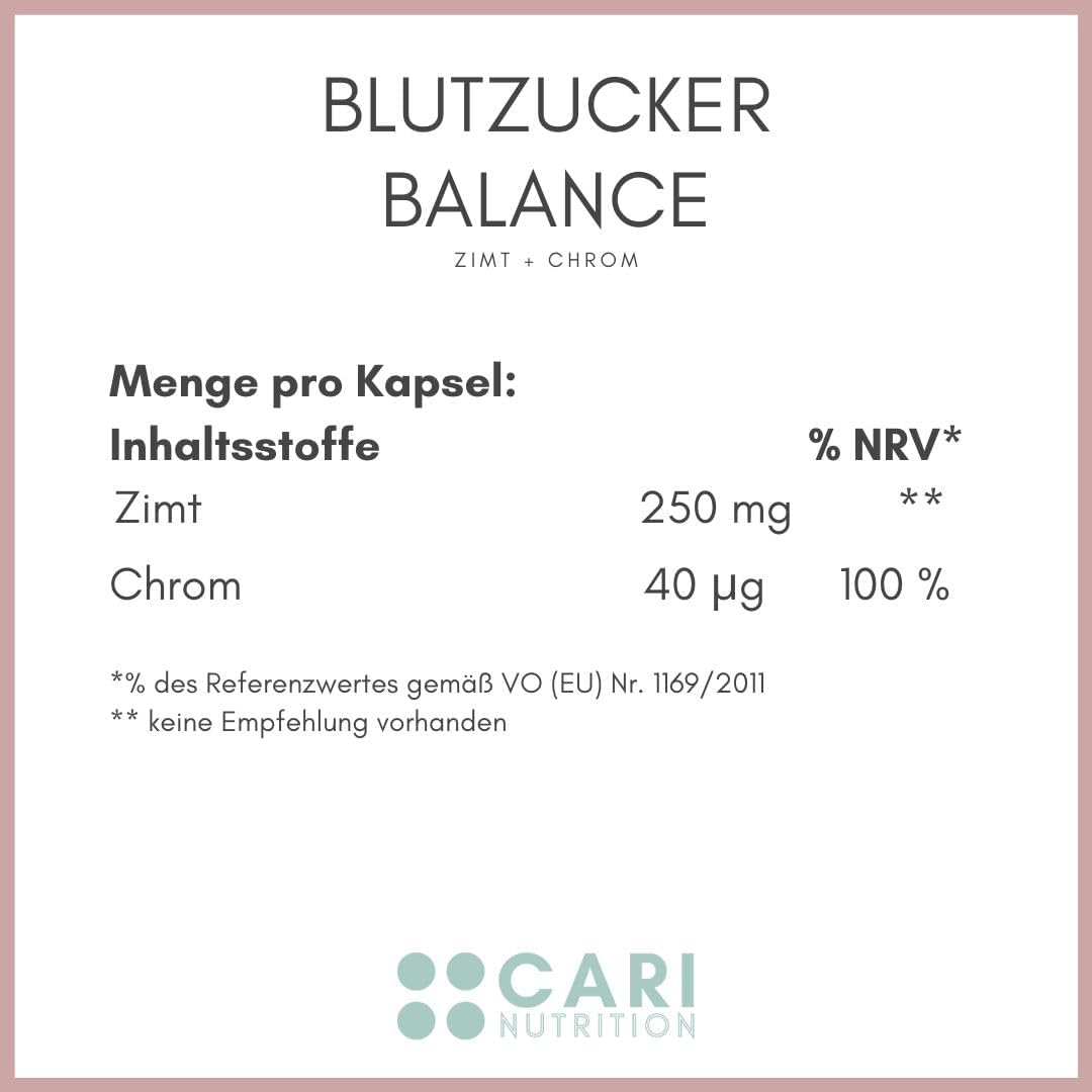 EQUILIBRIO DEGLI ZUCCHERI NEL SANGUE | 90 capsule di cannella con cromo | resistenza all'insulina e regolazione dello zucchero nel sangue | vegano e prodotto in Germania