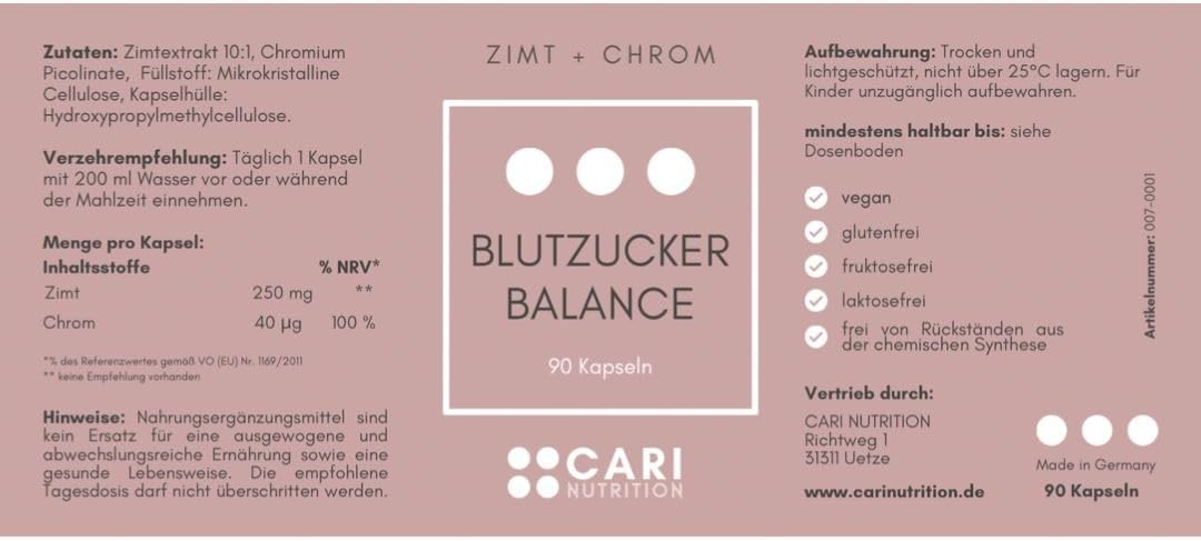 Echilibrul zahărului din sânge | 90 capsule de scortisoara cu crom | rezistența la insulină și reglarea zahărului din sânge | vegan și fabricat în Germania