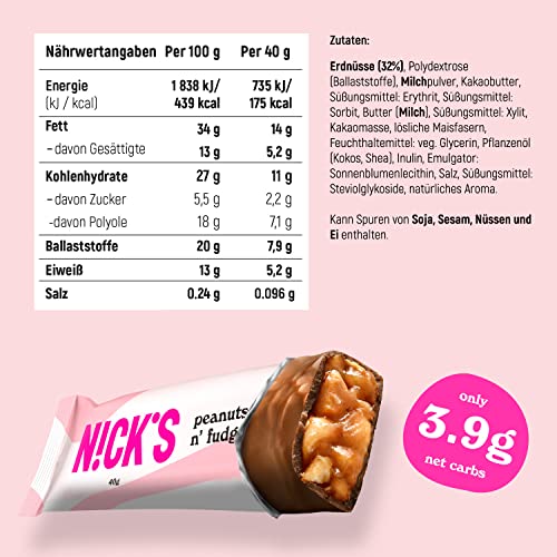 Nicks Keto Bar Peanuts N Fudge, snack al caramello di cioccolato, 175 calorie, 3,9 carboidrati netti, senza zucchero aggiunto, senza glutine, dolci a basso contenuto di carboidrati (15x40g)