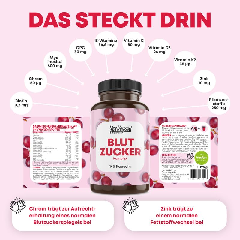 Blutzuckerkomplex - 140 Blutzuckerkapseln - maßgeschneiderte Mikronährstoffe, die besonders für Diabetiker geeignet sind - mit Traubensamenextrakt OPC. Chrom. Magnesium - Vegan