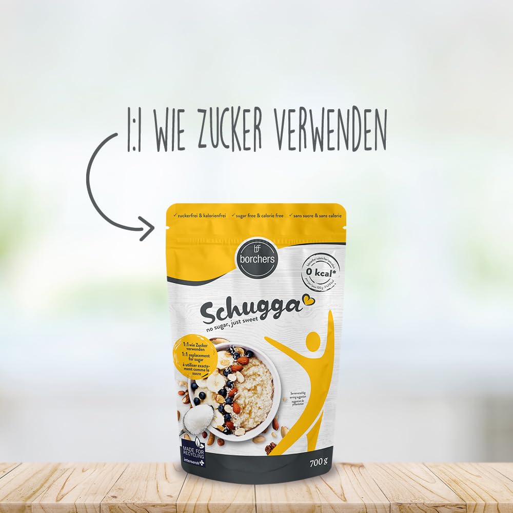 Borchers Schugga 700 g | Kein Zucker, nur süß | XXL-Tasche | Erythrit mit kristallinem Sucralose-Süßstoff | Zuckeralternative | Süßstoff | Kalorienfrei | 0,7 kg