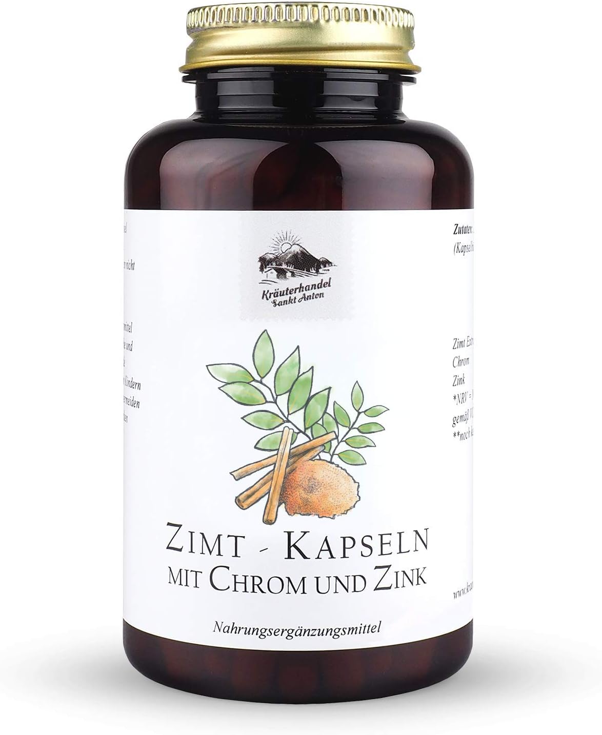 Kräuterhandel Sankt Anton - 180 Cápsulas de canela - 400 mg Extracto de canela dosis diaria - Dosis alta - Cromo - Zinc - Alemania Premio Calidad