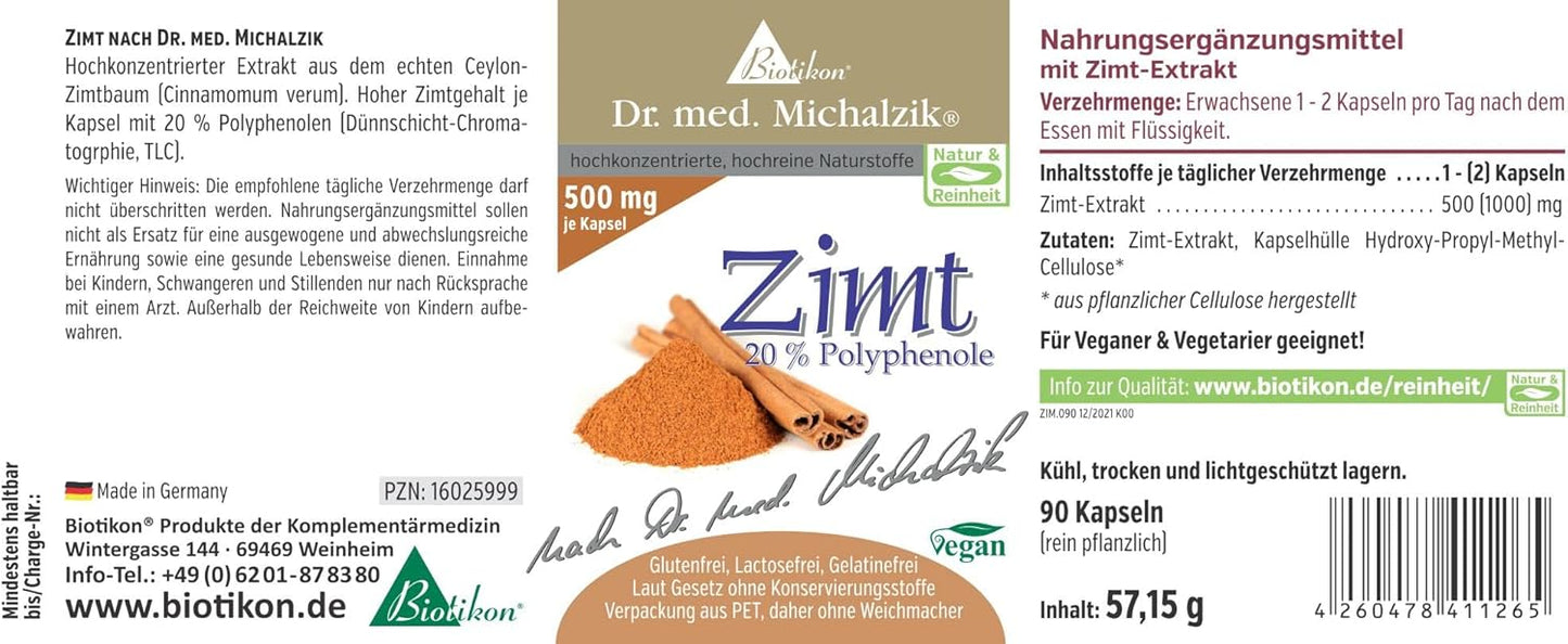 Ceylon Cinnamon Dr. Med. Michalzik - pr. Kapsel [500 mg] Cinnamon + [20%] Polyfenoler - Fineste ekstrakt fra det rigtige Ceylon Cinnamon Tree - Uden tilsætningsstoffer - fra Biotikon®