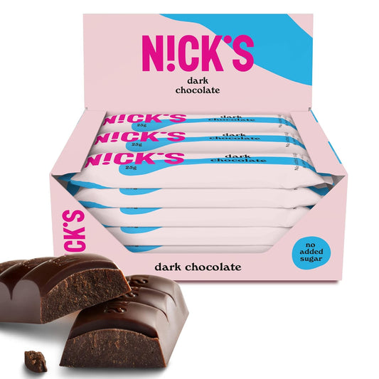 Nicks Dark Chocolate Vegan Keto-Riegel ohne Zucker, 107 kcal, 1,1 g Nettokohlenhydrate, niedrige Kohlenhydrat-Süßigkeiten, glutenfreie Snackstange (15x25 g)