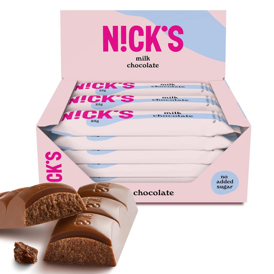 Nicks Milk Chocolate Keto Bar senza zucchero aggiunto, 112 kcal, carboidrati netti da 3,4 g, dolci a basso contenuto di carboidrati, snack bar senza glutine (15x25g)