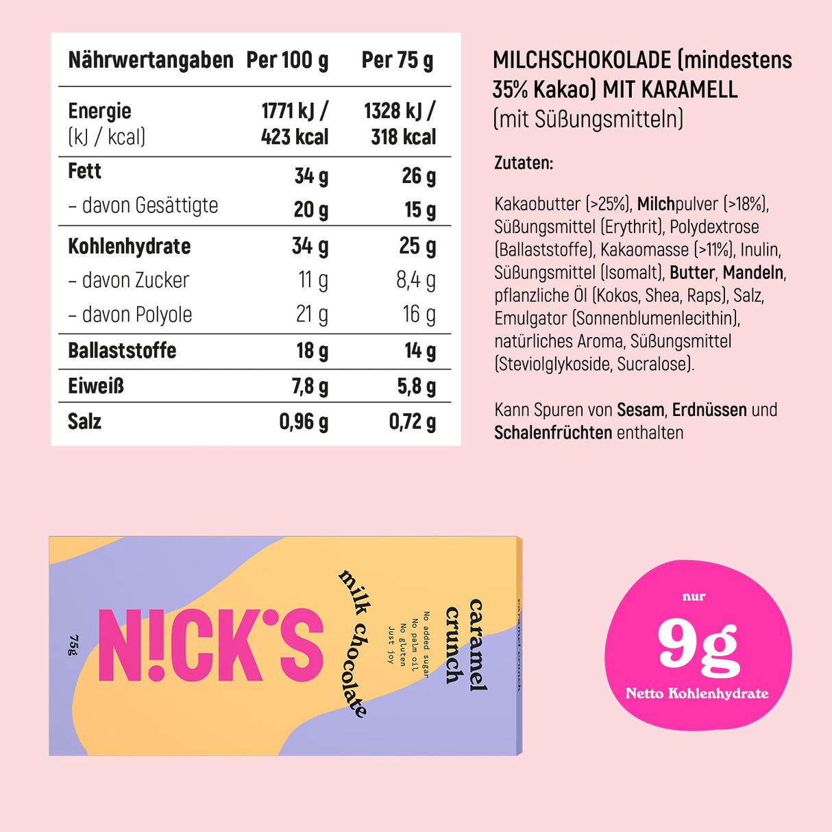 Nicks mælkechokoladekaramel knas ikke tilsat sukker, glutenfri, lavkulhydrat, ingen palmeolie, keto chokoladebarer (3x75g)