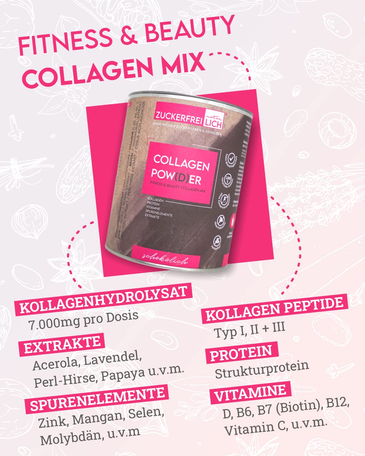 Zuckerfreilich Collagen Pulver Kokos 240g Ohne Zucker, Kollagen MIT Vitaminen, Zuckerfreies Protein und SpurenElementen, Hochdosert MIT 7.000 mg Kolagenhidrolysat Pro Portion