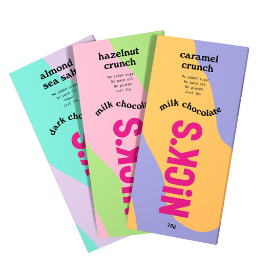 NICKS Chocolate Bars Mix with no added sugar, Gluten-free, Low carb, no palm oil, Keto Chocolates (3x75g)