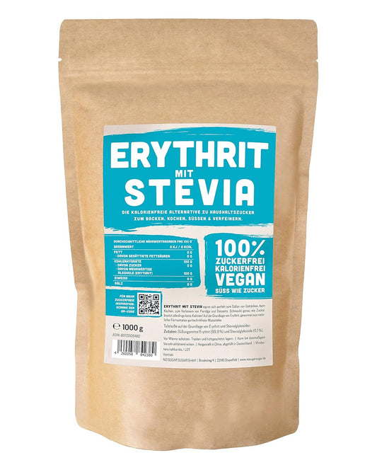 Eritritolo + Stevia Natural Sugar Sostituto senza calorie 1: 1 dolcezza rispetto allo zucchero, nessun sapore proprio, alternativa salutare per cucinare, cottura, addolcimento (1 kg Doypack)