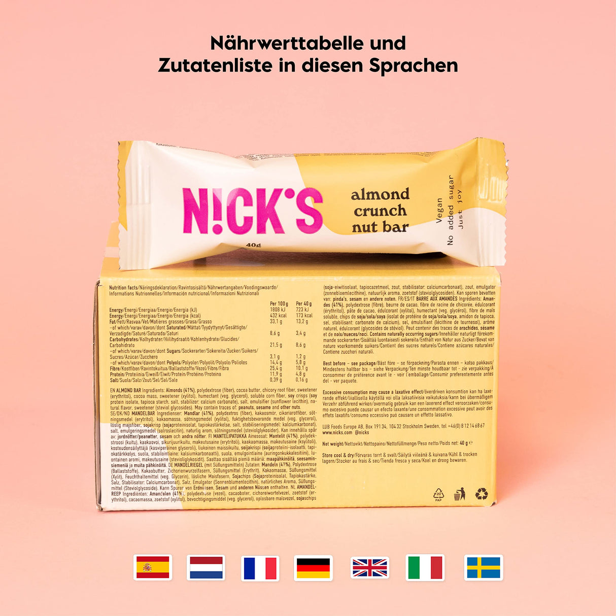 Nicks Keto Bar Almond Crunch, Vegan Chocolate Almond Nut Bar, 173 kalorier, 2,8 netto kulhydrater, ingen tilsat sukker, glutenfri, lav kulhydratsød (12x40g)