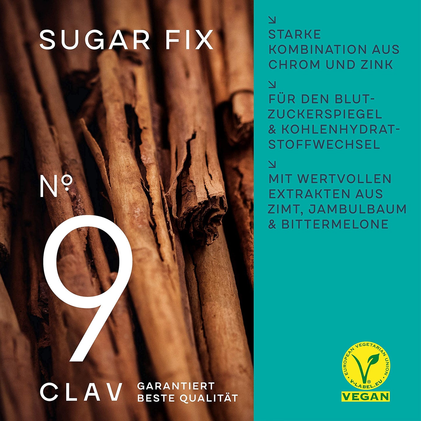 CLAV® N°9 SUGAR FIX – Zimtkapseln mit 400 mg Zimtextrakt, 40 μg Chrom & 10 mg Zink pro Tagesdosis plus Beta-Glucan, Jambulbaum und Bittermelone – Blutzuckerausgleich – 60 Kapseln – vegan