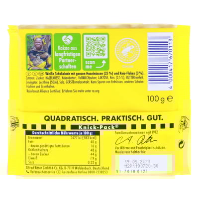 Ritter Sport Hvid Med Hel Nød 100 g